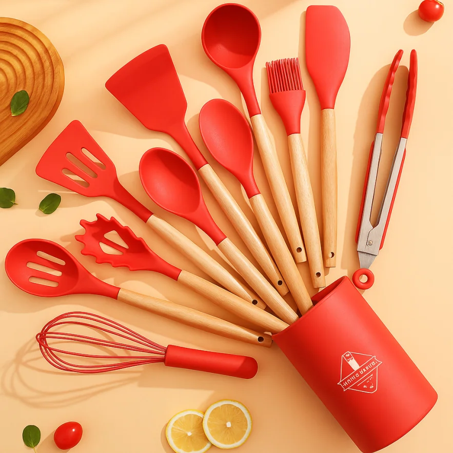 Set Peralatan Masak Silikon 12 Pcs dengan Pegangan Kayu